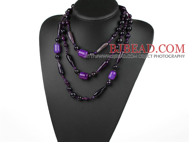 Long Style Assorted Multi Shape Faceted Purple Agate Necklace