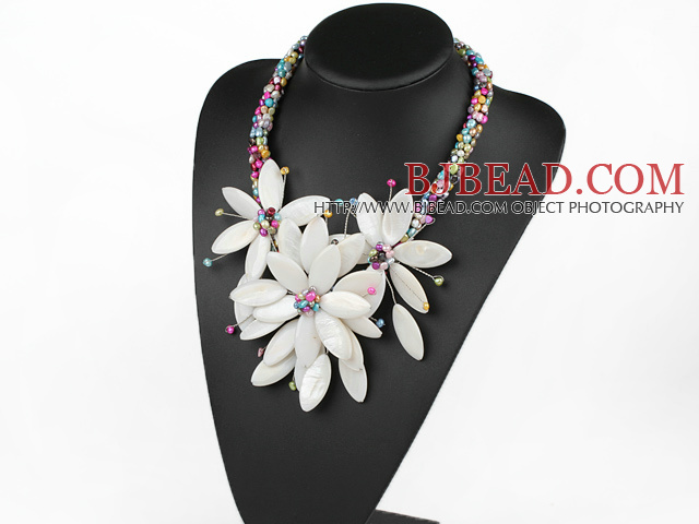 Elegant and Big Style Multi Color Pearl and White Shell Flower Party Necklace