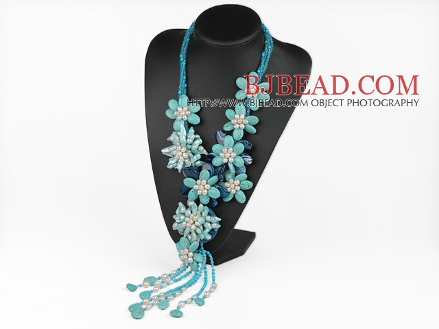 Elegant and Big Style Green Color Teeth Shape Pearl and Turquoise and Blue Agate Flower Party Necklace