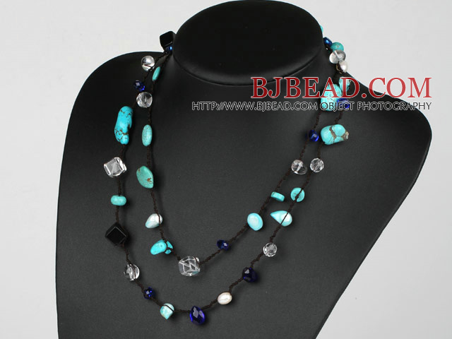 Long Style Pearl and Clear Crystal and Black Agate and Turquoise Necklace