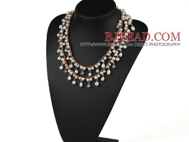 Long Style White Freshwater Pearl Crystal Necklace with Brown Cord
