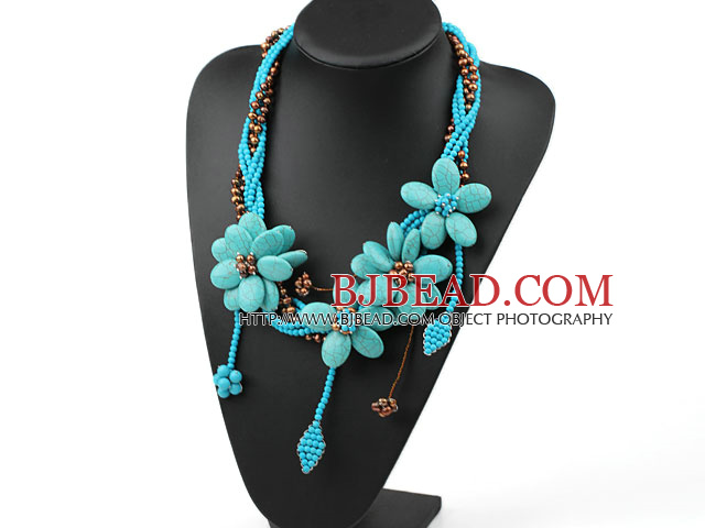 Elegant and Big Style Brown Pearl and Turquoise Flower Party Necklace
