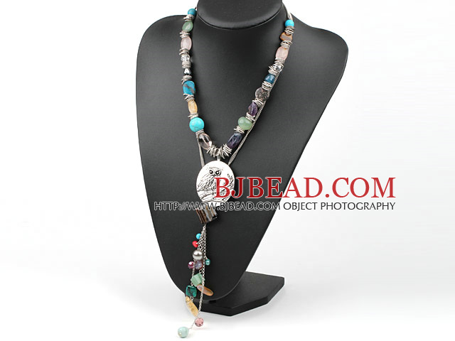 Assorted Multi Color Multi Stone Y Shape Necklace with Owl Shape Pendant