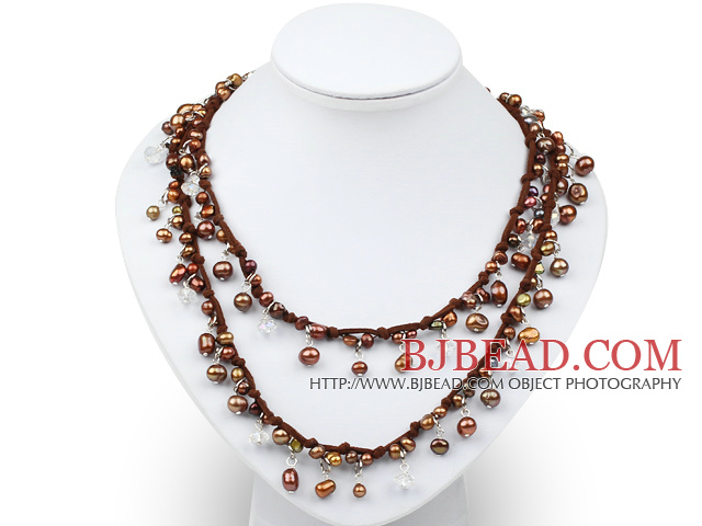Long Style Brown Freshwater Pearl Necklace with Brown Thread