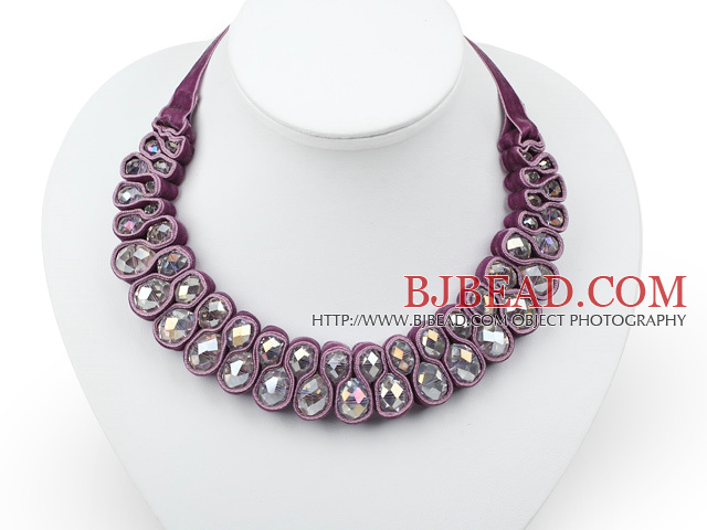 Fashion Style Clear Crystal Woven Bib Necklace with Dark Purple Velvet Ribbon