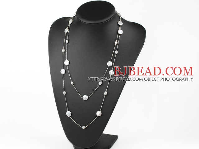 Classic Design Natural White Coin Pearl Long Necklace