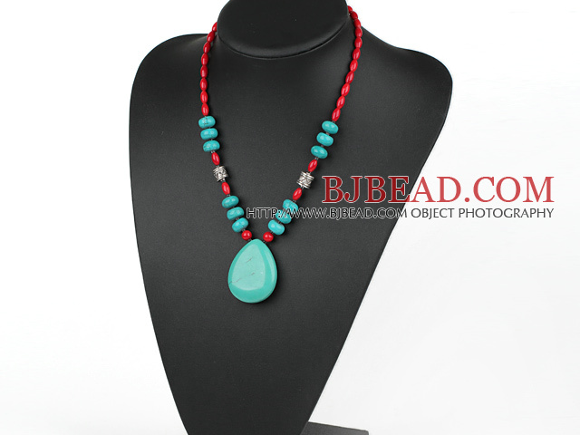 Assorted Red Coral and Turquoise Necklace with Drop Shape Turquoise Pendant