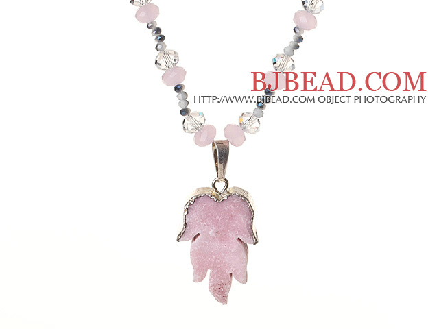Light Pink Series Single Strand Clear and Pink Crystal Necklace with Leaf Shape Pink Crystallized Agate Pendant