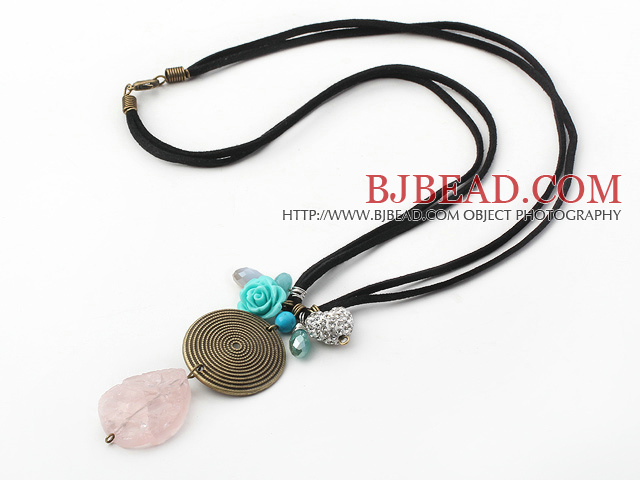 Simple Design Scrub Rose Quartz and Turquoise and Rhinestone Ball Pendant Necklace
