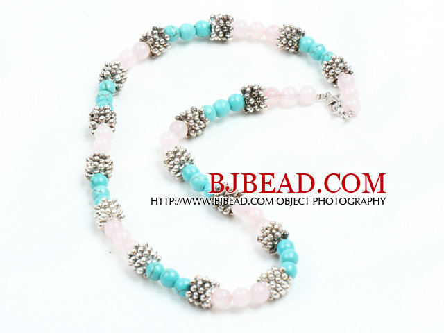 Fashion Single Strand Rose Quartz And Turquoise Beads Necklace with Metal Accessory