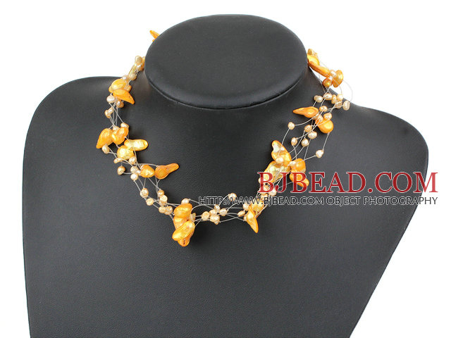 Fancy Style Multi Strands Yellow Teeth Shape Pearl Necklace with Toggle Clasp