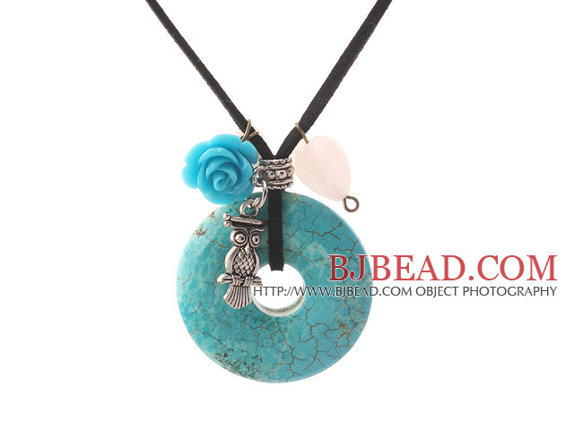 Simple Design Donut Shape Burst Pattern Turquoise and Rose Flower and Tibet Silver Owl Pendant Necklace with Black Cord