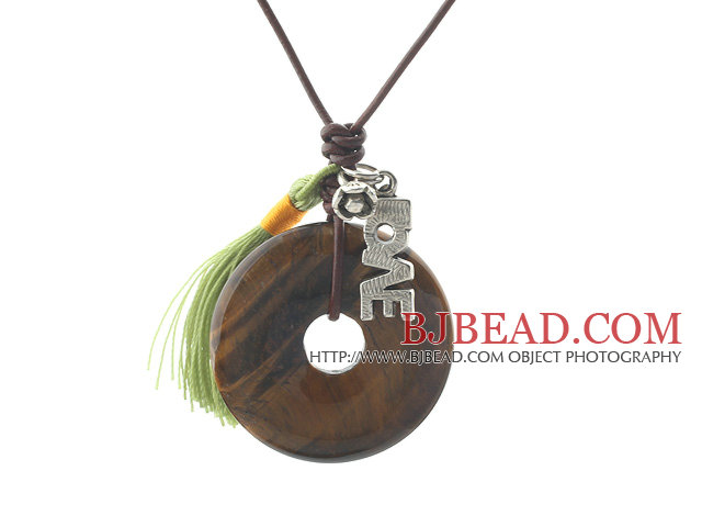 Simple Design Donut Shape Tiger Eye and Tibet Silver Love Pendant Necklace with Brown Leather