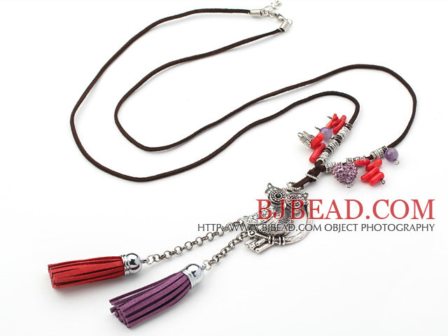 Assorted Red Coral and Owl Shape Accessory with Rhinestone Y Shape Necklace