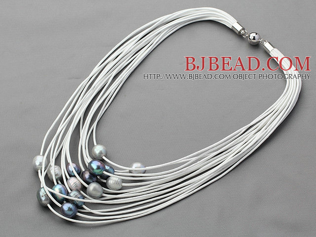 Multi Strands 11-12mm Gray and Black Freshwater Pearl White Leather Necklace with Magnetic Clasp