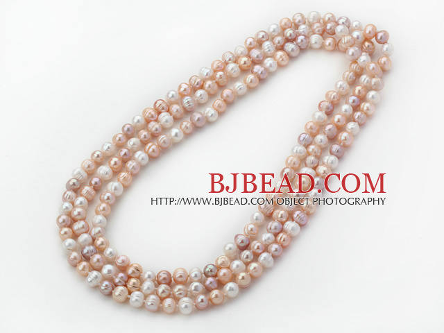 Long Style 8-9mm White and Pink and Violet Round Freshwater Pearl Beaded Knotted Necklace