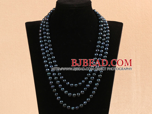Long Style 8-9mm Black Round Freshwater Pearl Beaded Knotted Necklace