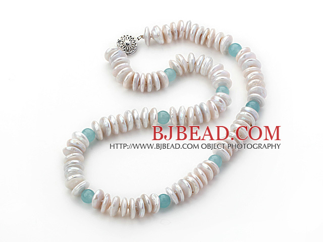 Single Strand White Coin Pearl Necklace and Blue Jade Necklace