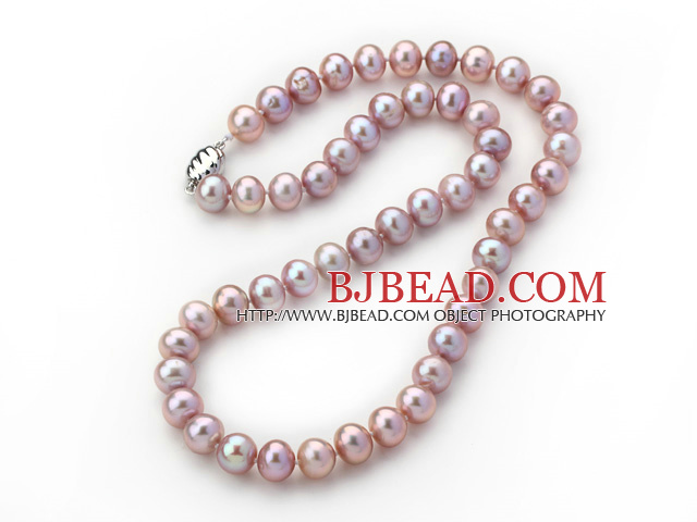 A Grade Nearly Round 8-9mm Natural Violet Freshwater Pearl Knotted Necklace with Magnetic Clasp