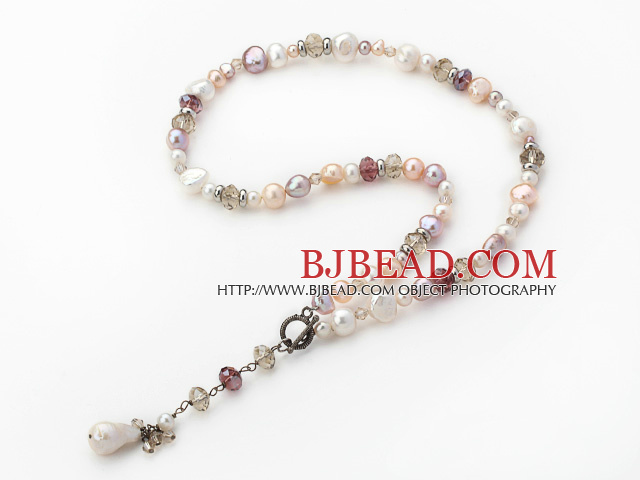 White and Pink and Violet Freshwater Pearl Crystal Y Shape Necklace