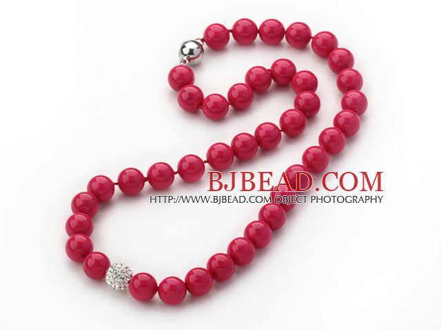 2013 Summer New Design Hot Pink Color Round 10mm Seashell Beaded Knotted Necklace with White Rhinestone Ball