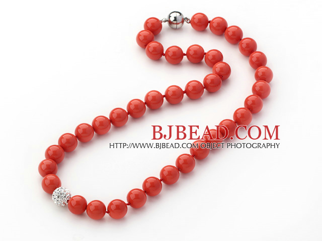 2013 Summer New Design Orange Red Color Round 10mm Seashell Beaded Knotted Necklace with White Rhinestone Ball