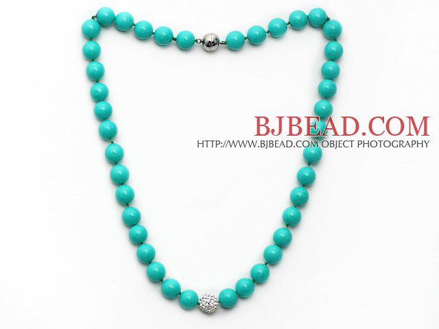 2013 Summer New Design Green Color Round 10mm Seashell Beaded Knotted Necklace with White Rhinestone Ball