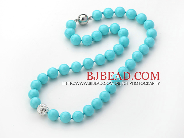 2013 Summer New Design Lake Blue Color Round 10mm Seashell Beaded Knotted Necklace with White Rhinestone Ball