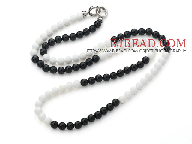 Long Style 8mm Round White Porcelain Stone and Black Agate Beaded Necklace