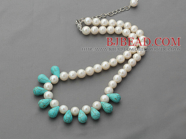 A Grade Round White Freshwater Pearl and Drop Shape Turquoise Necklace
