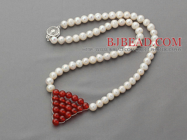 6-7mm Natural White Round Freshwater Pearl Necklace with Wire Wrapped Triangle Shape Carnelian Pendant