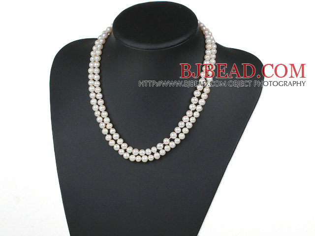 Double Rows 6-7mm Natural White Round Freshwater Pearl Beaded Knotted Necklace