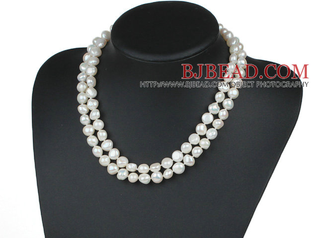 Double Rows 10-11mm Natural White Potato Freshwater Pearl Beaded Knotted Necklace