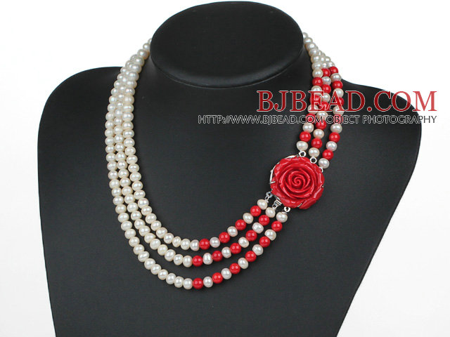 Three Strands Natural White 6-7mm Freshwater Pearl and Red Coral Necklace with Red Acrylic Flower Clasp