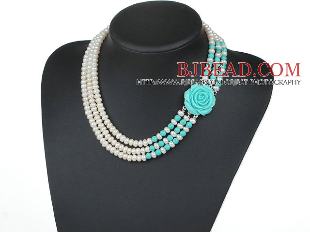 Three Strands Natural White 6-7mm Freshwater Pearl and Turquoise Necklace with Blue Turquoise Color Acrylic Flower Clasp
