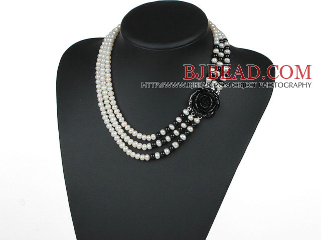 Three Strands Natural White 6-7mm Freshwater Pearl and Black Agate Necklace with Black Acrylic Flower Clasp