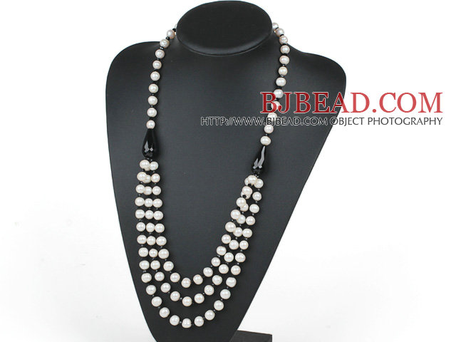 Three Layer Natural White Freshwater Pearl and Black Agate Necklace with Moonlight Clasp