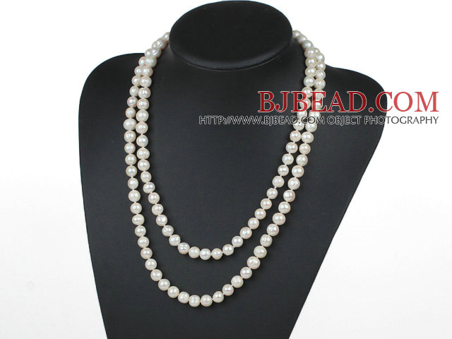 Long Style 9-10mm White Freshwater Pearl Beaded Knotted Necklace