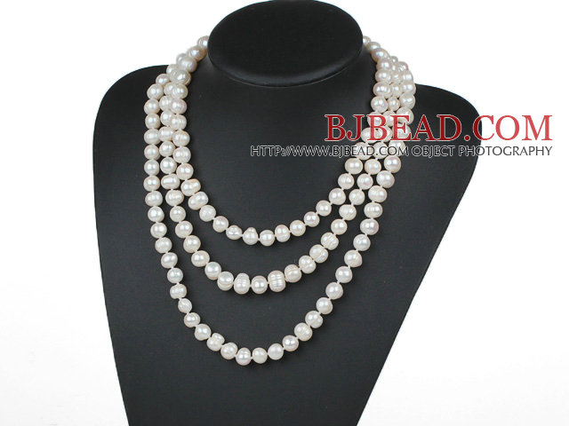 Long Style 10-11mm White Freshwater Pearl Beaded Knotted Necklace
