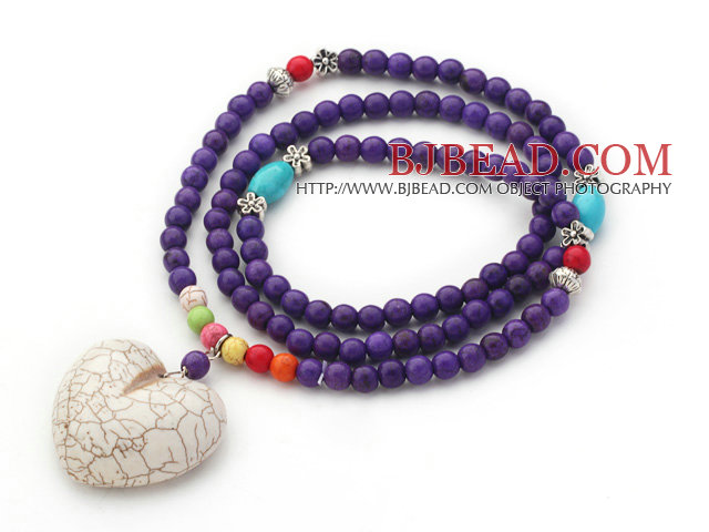 New Design Round Dyed Purple Turquoise Beaded Necklace with Heart Shape Howlite Pendant