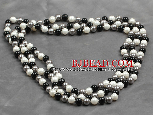 Long Style 8mm White Gray and Black Color Round Sea Shell Beaded Necklace