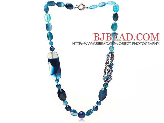 Dark Blue Series Assorted Multi Shape Blue Agate and Black Pearl Necklace