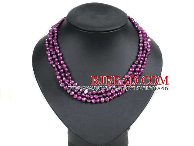 Fashion Style 3 Strand Natural Purple Freshwater Pearl Necklace