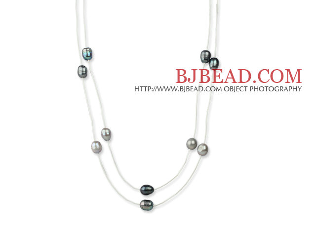 Long Style 11-12mm Black Gray Freshwater Pearl Necklace with White Leather