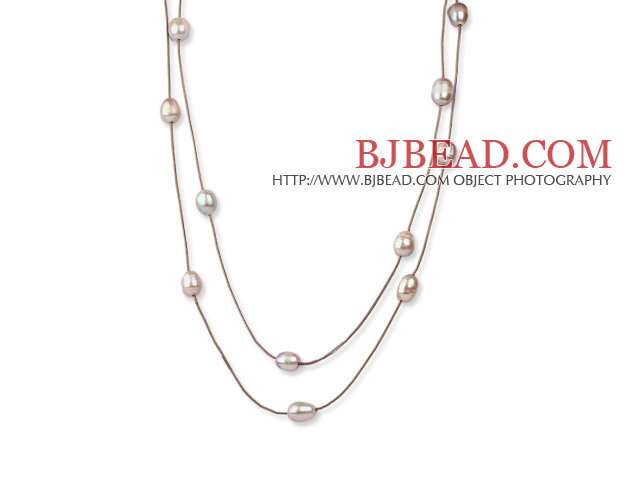 Long Style 11-12mm Violet Freshwater Pearl Necklace with Brown Leather