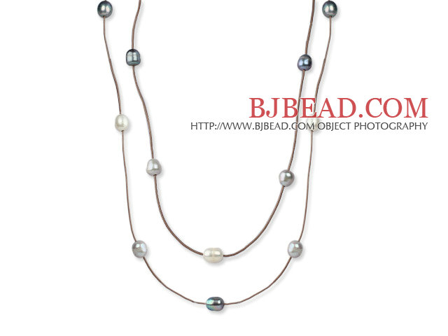 Long Style 11-12mm Black Gray and White Freshwater Pearl Necklace with Brown Leather