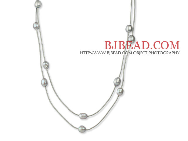 Long Style 11-12mm Gray Freshwater Pearl Necklace with Gray Leather