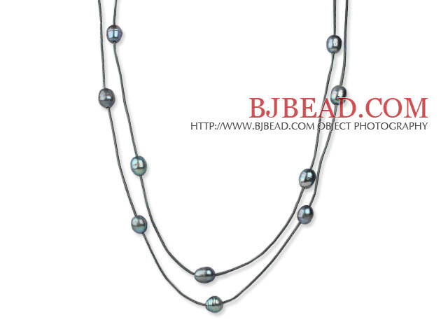 Long Style 11-12mm Black Freshwater Pearl Necklace with Gray Leather