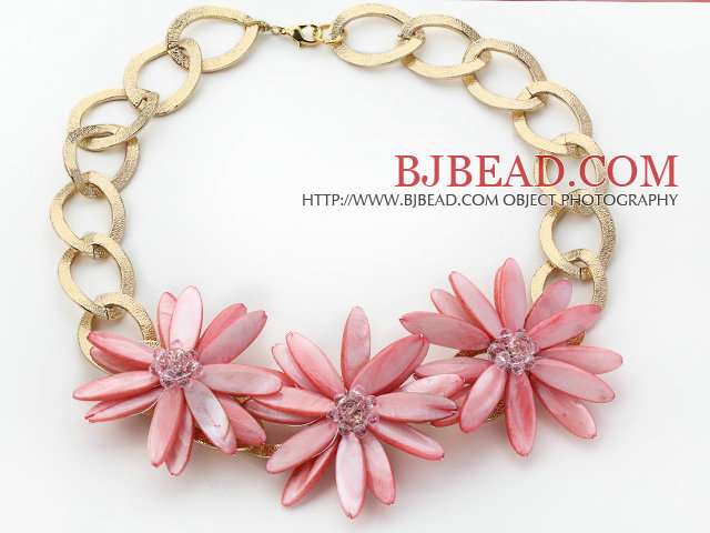 2013 Summer New Design Pink Shell Flower Necklace with Golden Color Metal Chain