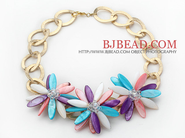 2013 Summer New Design Multi Color Shell Flower Necklace with Golden Color Metal Chain